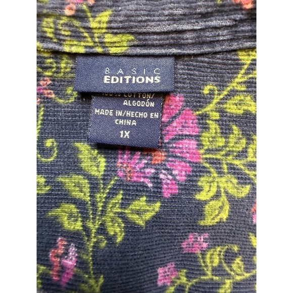Basic Editions Navy Floral VTG Corduroy Shirt Top Shacket Pearl Snaps Women 1X - Picture 4 of 8